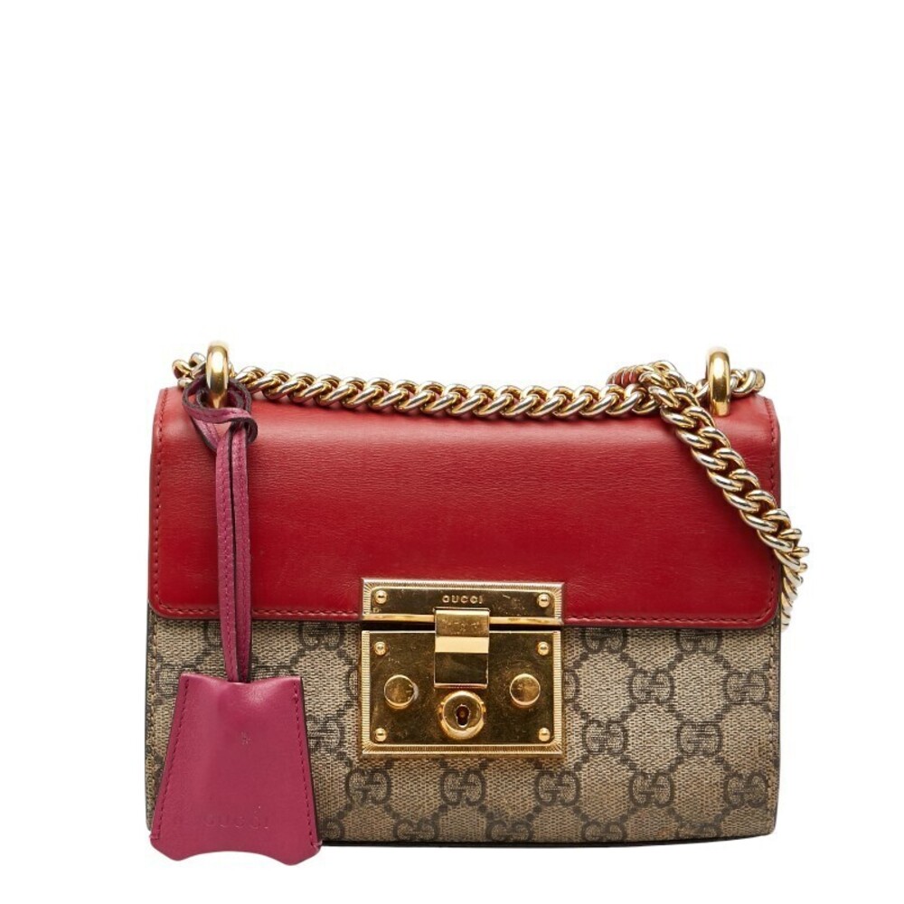 Gucci GG Supreme Crossbody Chain Shoulder Bag Beige Cream Red Pink Leather